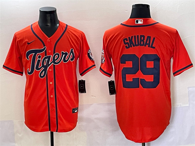 Men's Detroit Tigers #29 Tarik Skubal Orange With Patch Cool Base Stitched Baseball Jersey Men's Detroit Tigers #29 Tarik Skubal Orange With Patch Cool Base Stitched Baseball Jersey